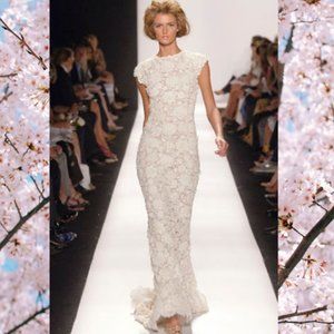 $7.000 NEW OSCAR DE LA RENTA ICONIC IVORY SILK LACE EMBROID RUNWAY GOWN US 4